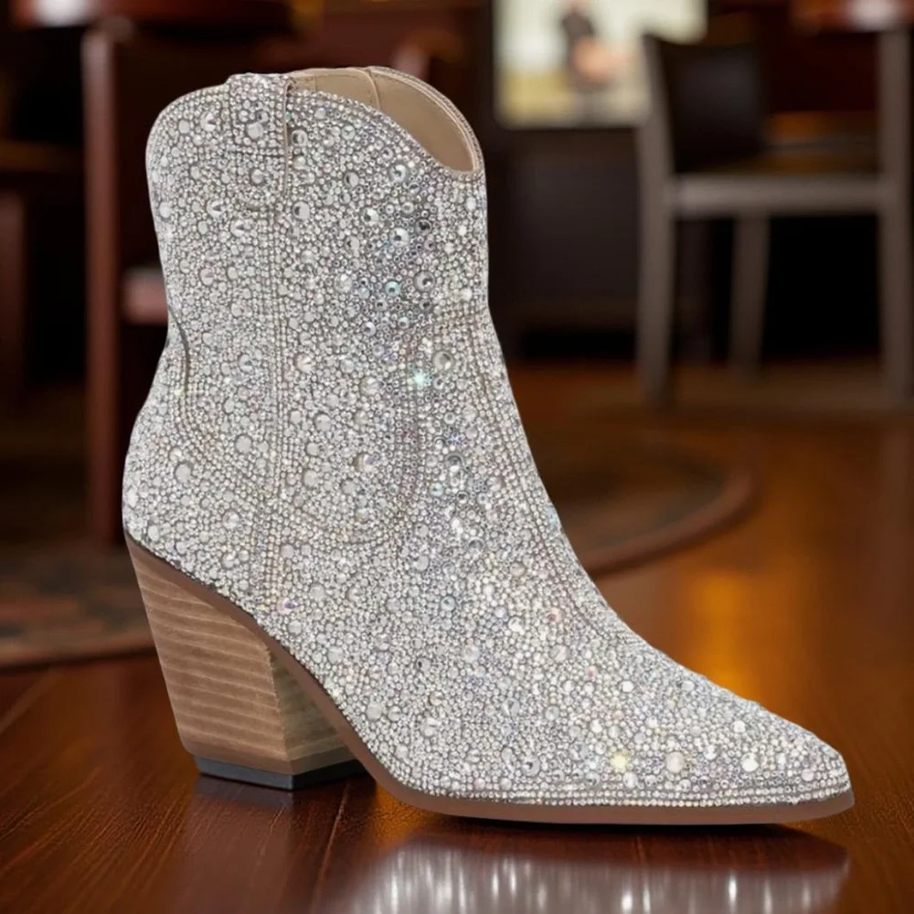 Betsey Johnson NWT Sz 6 Sparkling Crystal Heeled Western Boots (SH096) - Picture 14 of 14